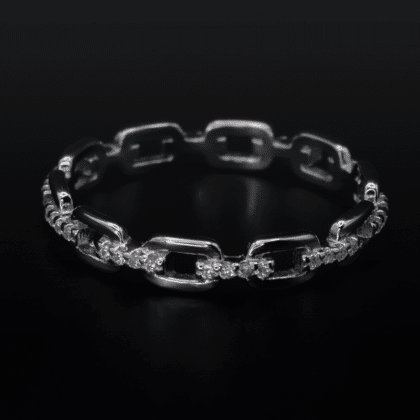 Extravagant sterling silver ring in chain link design with 40 round AAAAA zirconia stones